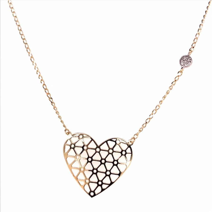9k YG Heart Pendant 7D=0.03ct with Oval Link Chain 45cm O-Ring at 43cm & 44cm 1mm Wide . Meas. 17x20mm
