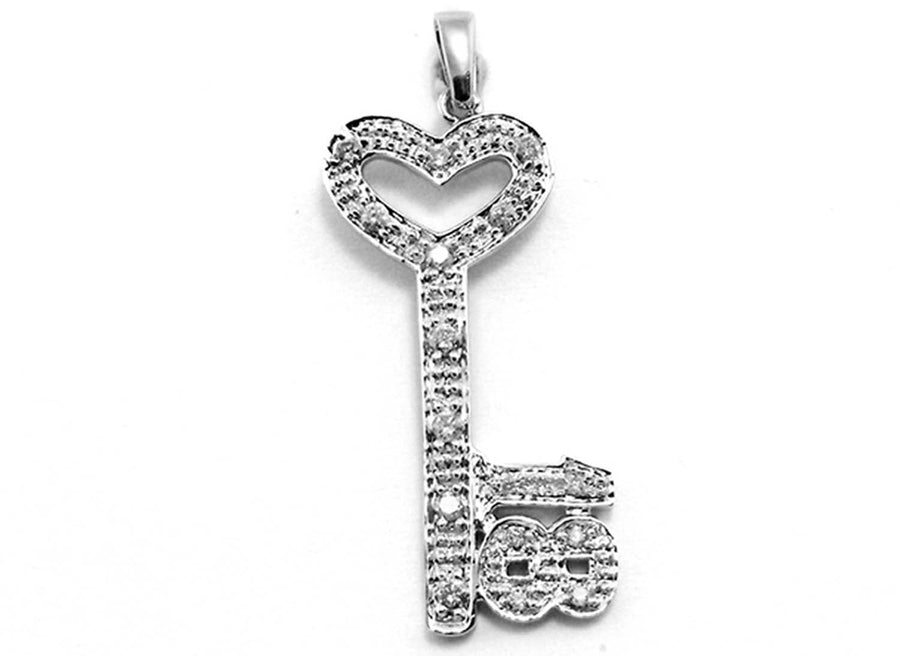 9k WG Diamond Key with No. 18 Pendant 16D=0.35ct Grain Set . Meas. 33mm x 15mm