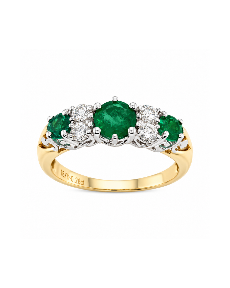 18k 2T Natural Emerald & Diamond Dress Ring with 3 Emerald=1.00ct & 4D=0.26ct. Size P.