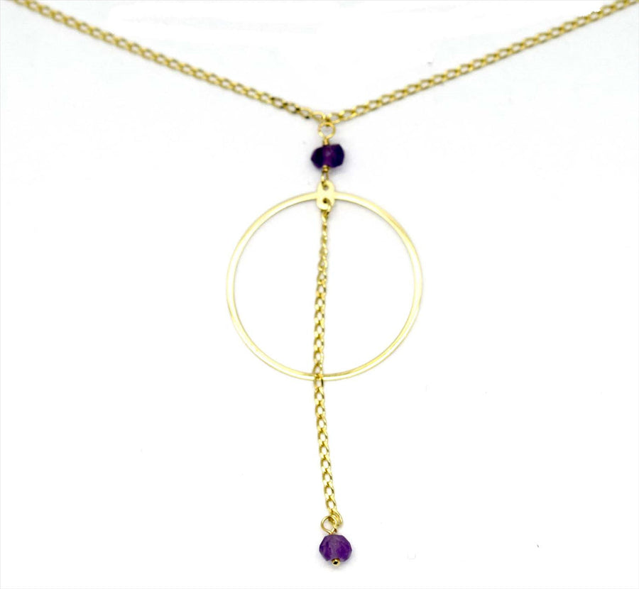 9k YG Circle Drop Amethyst Pendant with Oval Link Chain 45cm O-Ring at 43cm & 44cm 1mm Wide . Meas. 19mm