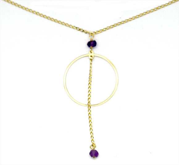YG Amethyst Drop Pendant with Oval Link Chain 1mm wide