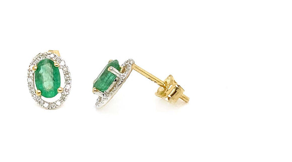 9k YG Diamond & Emerald Stud Earrings 44D=0.13ct & 2Em=Approx 0.95ct