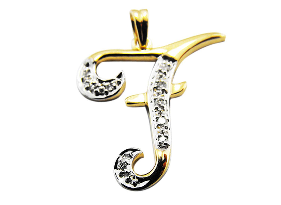 9k YG Diamond Script Letter Pendant F with 10D = 0.04ct 15mm