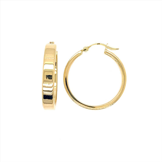 9k YG Round Hoop Earrings 40mm Diameter. Squared Edge Tube 4mm