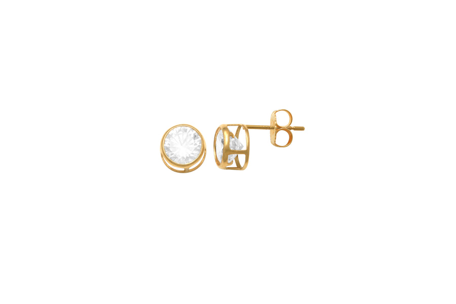 9k YG CZ Round Stud Earrings Bezel Set 6.5mm