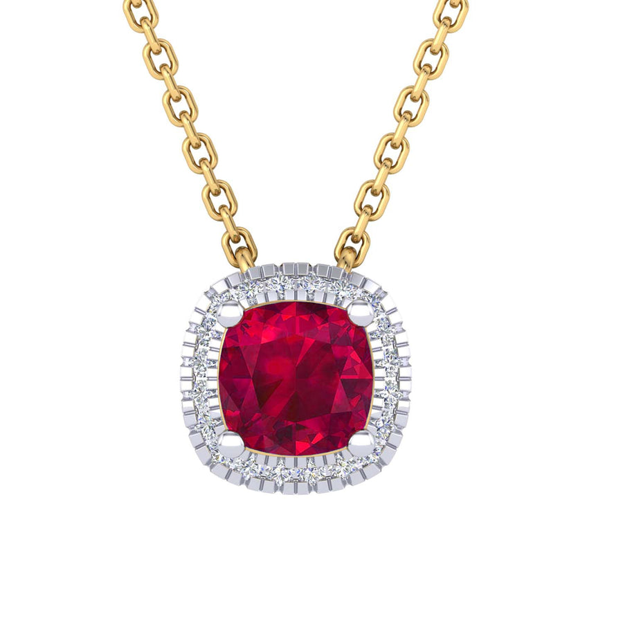 9k YG Cushion Ruby & Diamond Pendant 1Ruby (5x5mm) =0.57ct & 20D=0.06ct with Oval Link Chain 45cm O-Ring at 43cm & 44cm 1mm Wide . Meas. 7mm