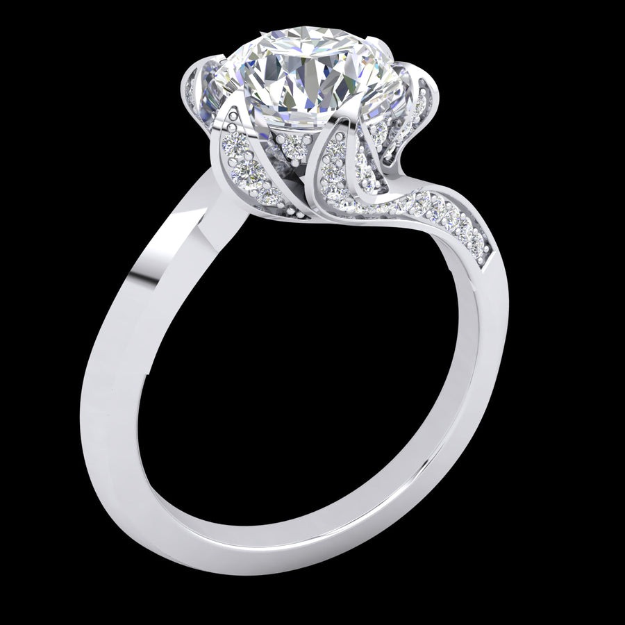 "Natasha" 9k WG 7mm (1.2ct) CZ Decorative Ring (6 claw flower set) with CZs on side of band. Size Q