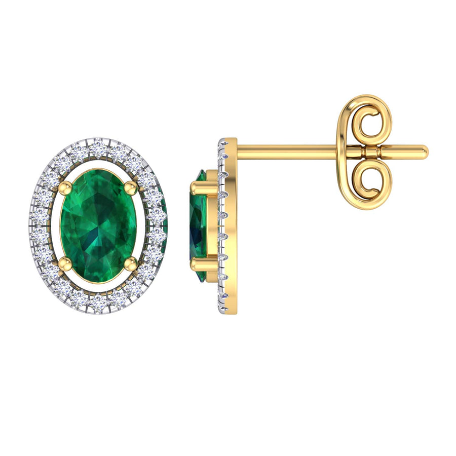 9k YG Diamond & 6x4mm Oval Natural Emerald Stud Earrings 44D=0.13ct & 2Em=Approx 0.95ct Meas. 9x7mm
