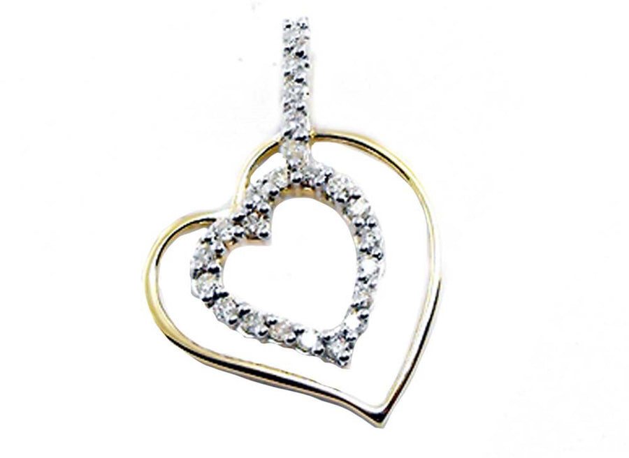 9k YG Diamond Double Heart Pendant 23D=0.23ct Claw Set . Meas. 18mm x 16mm
