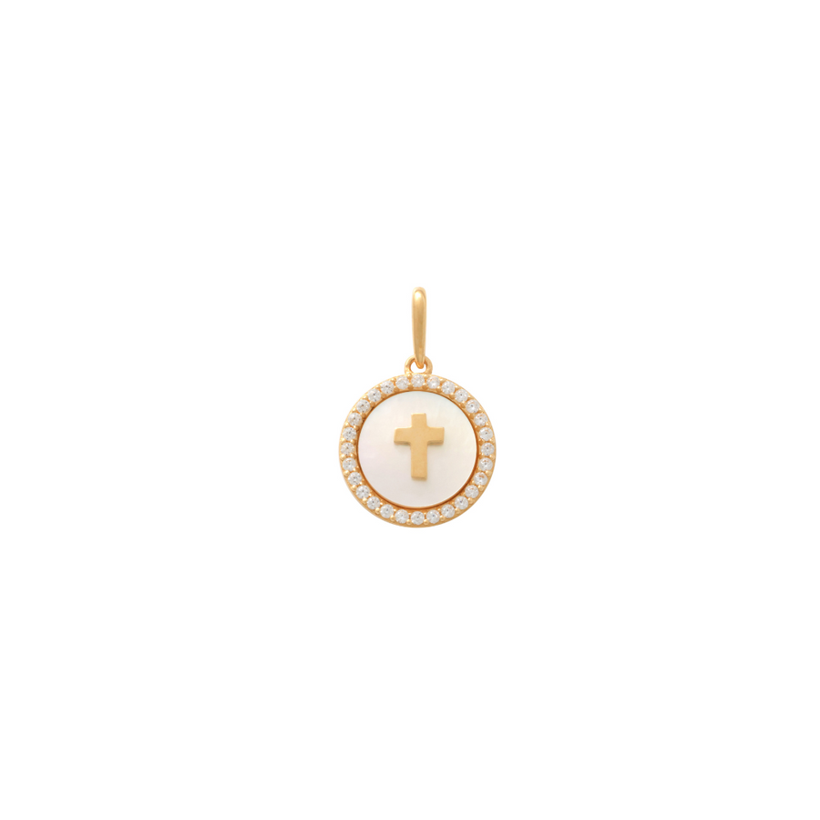 9k YG CZ MOP Circle and CrossPendant. 11.3mm