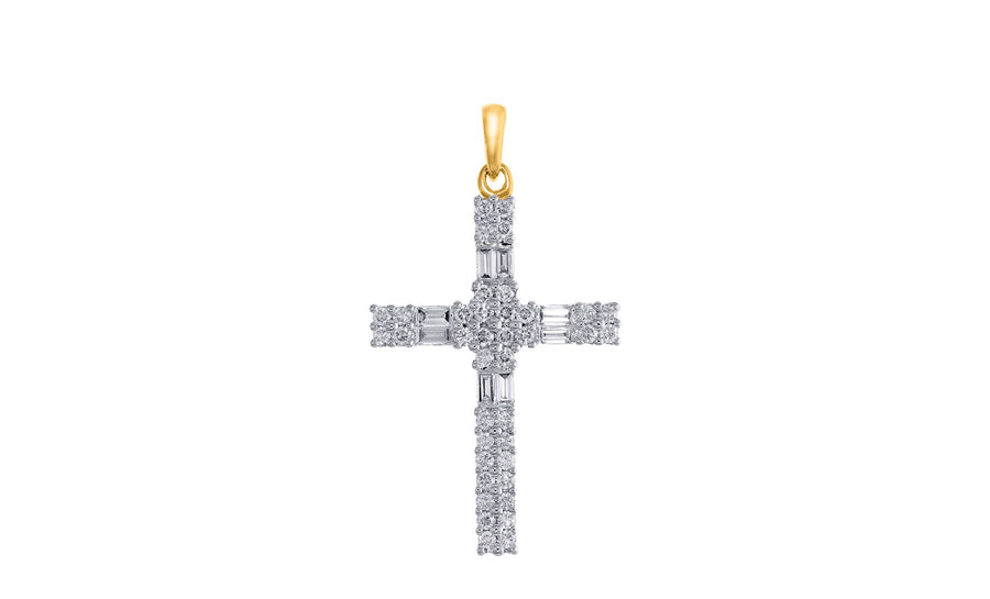 9k YG Diamond Cross Claw Set with 38D=0.27ct and 8 Baguette Diamonds Approx 0.15ct. TDW Approx 0.42ct. Meas. 23x17mm