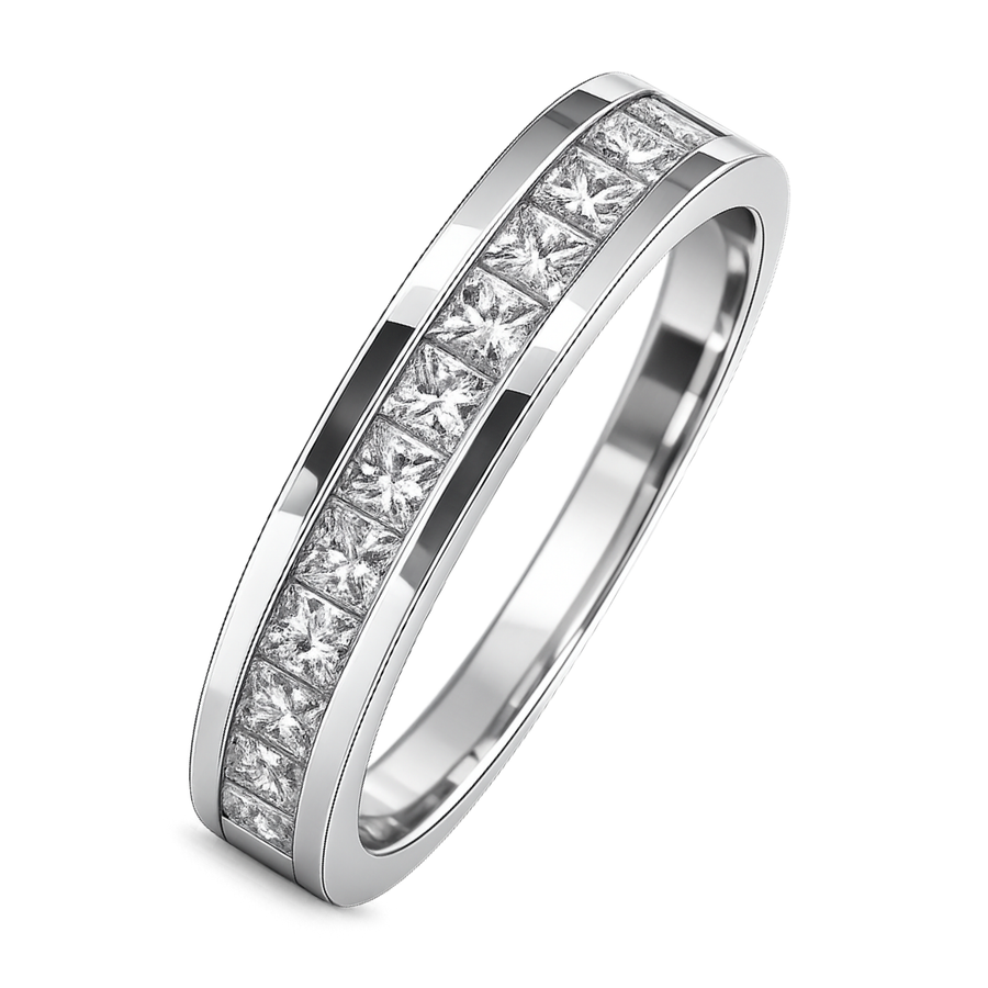 18k WG Band with Princess Cut Diamonds 12D = 0.25ct  Size P.