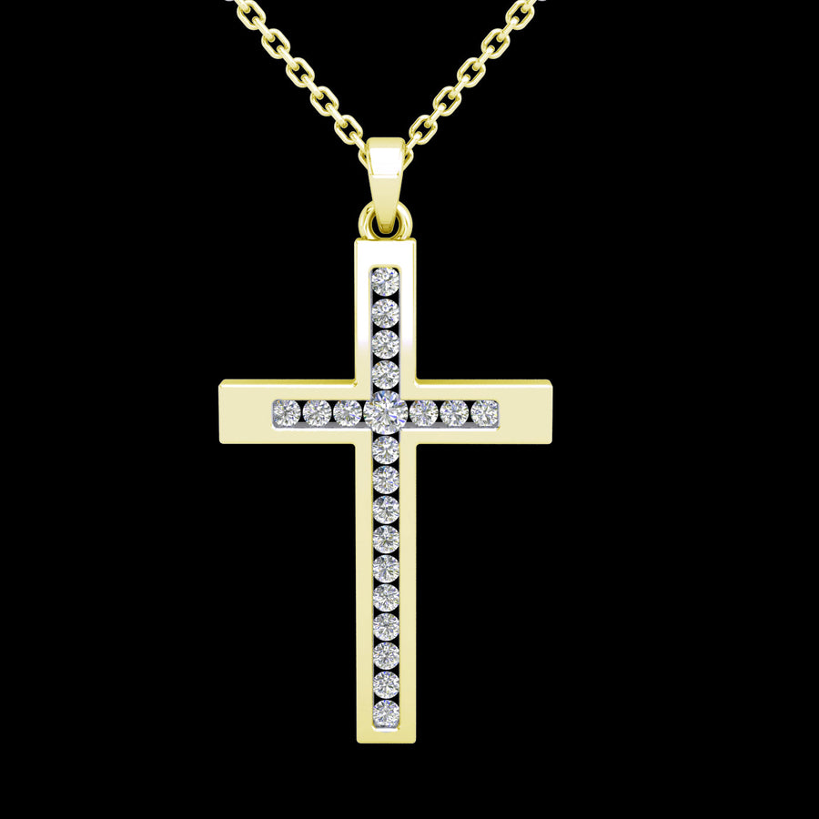 9k YG Diamond Cross Pendant 21D=0.15ct. Channel Set . Meas. 22mm x 14mm