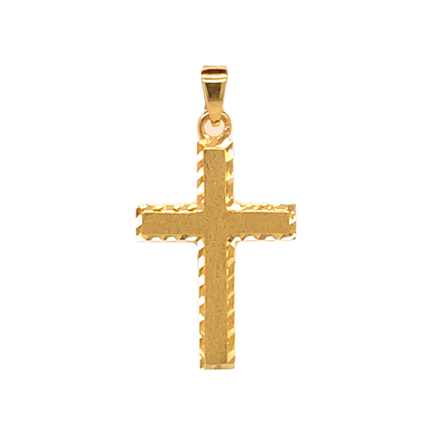 9k YG Solid Fancy Edged Cross Pendant with Matt finish centre, 20mm x 11mm