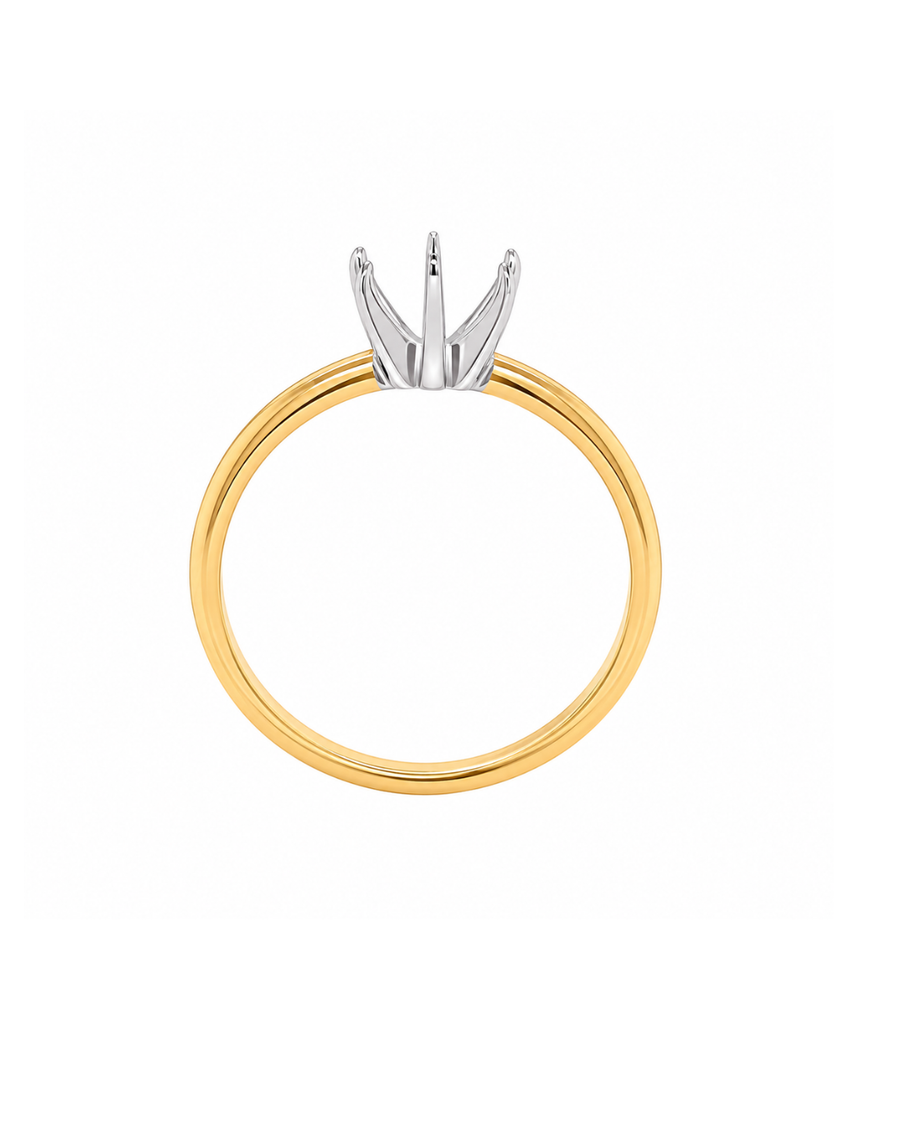 18k YG Solitaire Engagement Band, Half Round 2mm wide. 6-Claw 18k WG Tiffany Setting Unset to Suit a 6.11mm RBC Diamond. Size O
