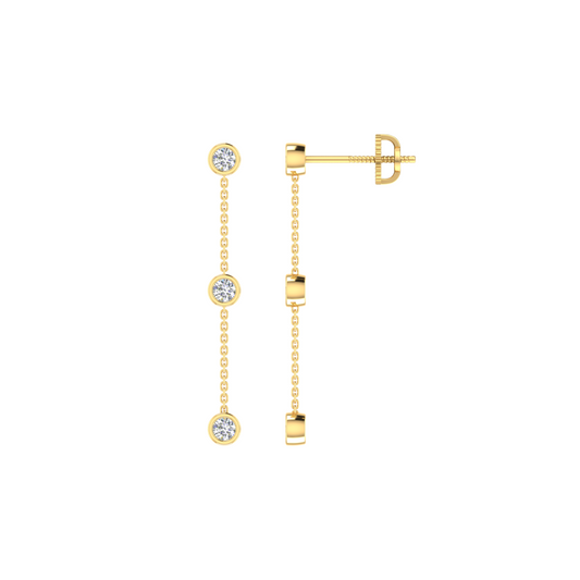9k YG Diamond Drop Stud Earrings with 0.80mm wide Chain, length 3.50cm. Bezel Set with 6D=0.30ct. Screw Back Butterfly Findings.