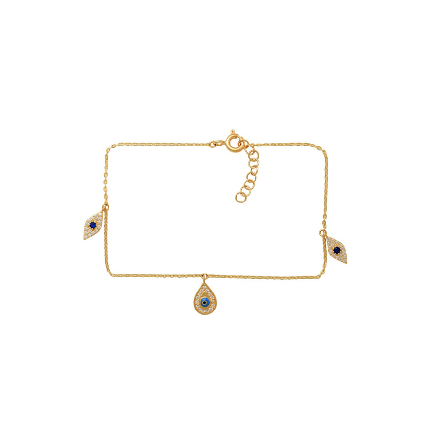 9k YG CZ, Sapphire & Enamel Eye Charm Oval Link Bracelet 19cm incl. 2cm adjustable links