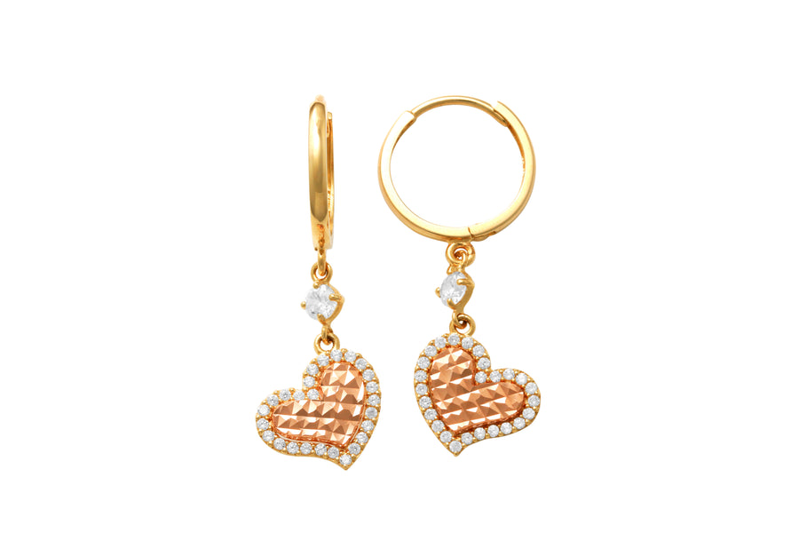 9k YG & RG CZ Round Huggie Earrings 10mm Diameter. with CZ Heart Drop 1.5mm Wide