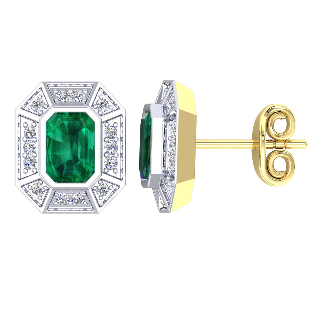 9k 2T Emerald & Diamond Stud Earrings 2Em=Approx 1.10ct & 28D=0.25ct