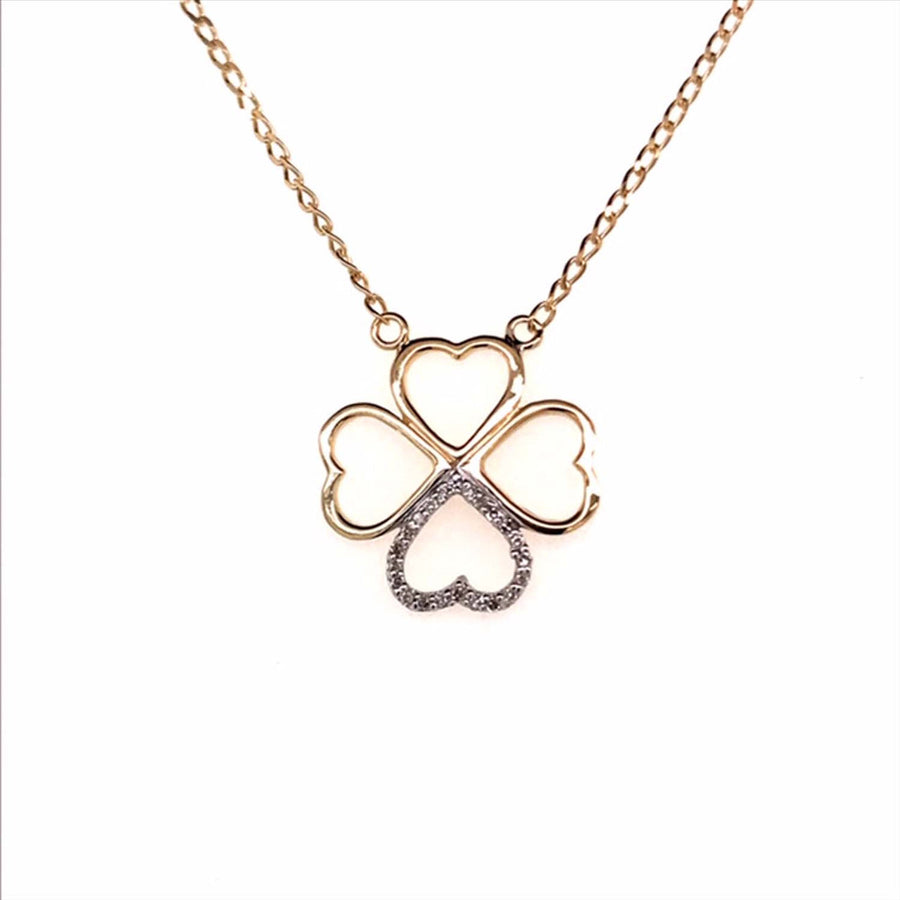 9k YG 4 Leaf Clover Diamond Pendant 22D=0.05ct with Oval Link Chain 45cm O-Ring at 43cm & 44cm 1mm Wide . Meas. 14mm