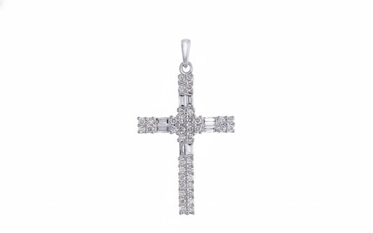 9k WG Diamond Cross Claw Set with 38D=0.27ct and 8 Baguette Diamonds Approx 0.15ct. TDW Approx 0.42ct. Meas. 23x17mm