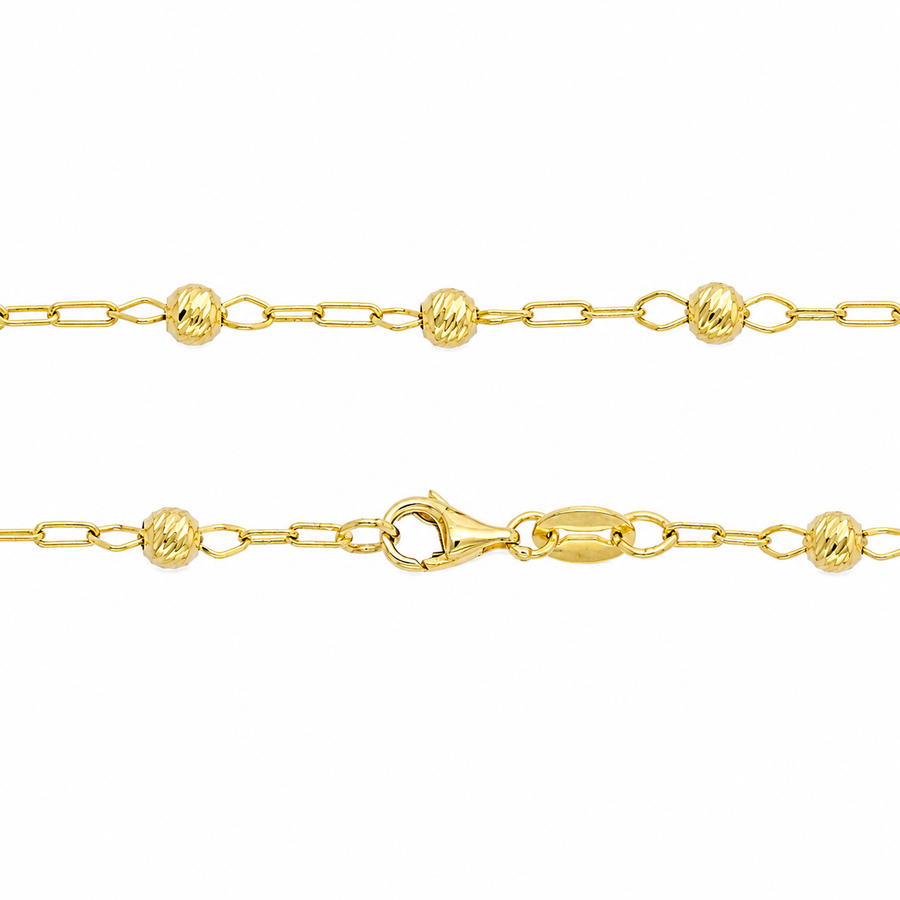 9k YG 3mm Faceted Ball or Bead (1cm spacing) Paperclip Bracelet 1.1 x 2.4mm wide, running length (1m = approx 6g)