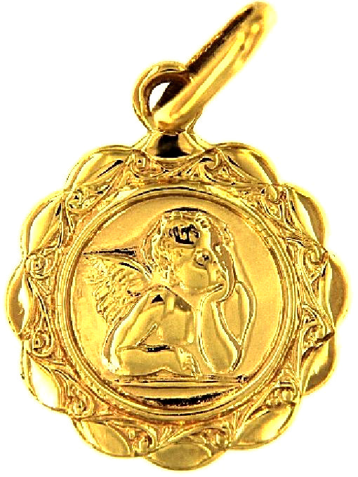 9k YG Italian Solid Round Medallion Pendant with Angel . 13mm wide