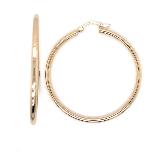 9k YG Round Hoop Earrings 35mm Diameter. Round Tube 2.5mm wide.