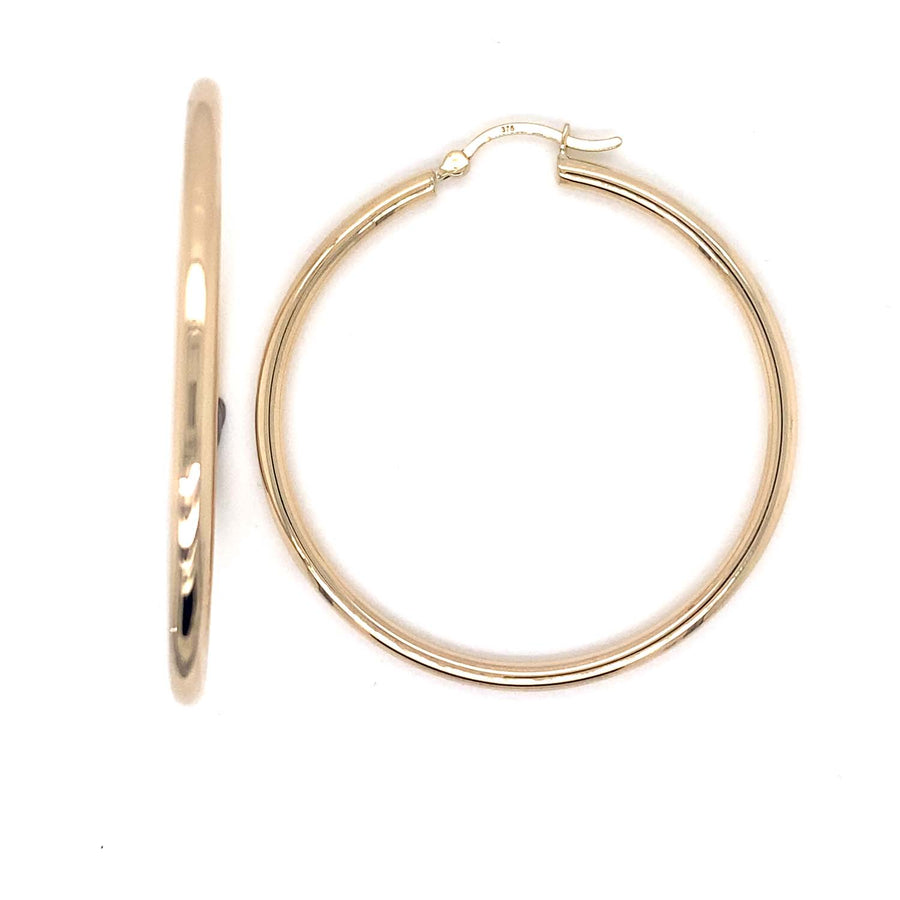 9k YG Round Hoop Earrings 35mm Diameter. Round Tube 2.5mm wide.