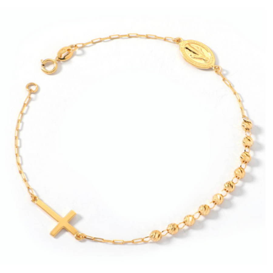 9k YG Rosary Bracelet with 3mm Faceted Balls  Madonna and Cross. 19cm.
