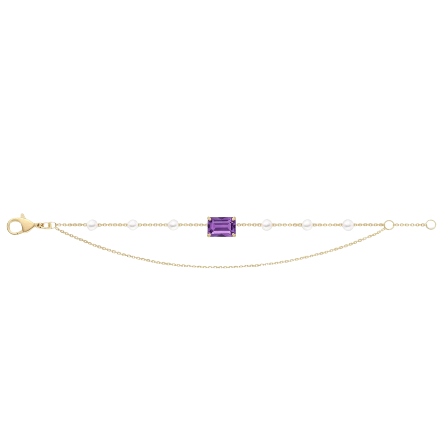 18k YG Akoya Pearl & Amethyst Bracelet 18cm (15+3cm adjustable links). 6x 4mm Round Pearls & 1Am (6x4mm) = Approx 0.75ct Claw Set.