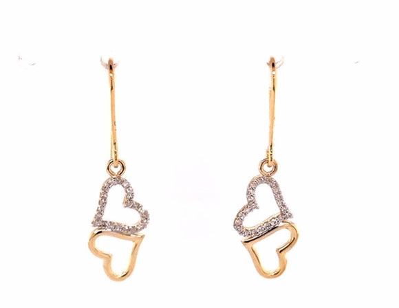 9k YG Diamond Double Heart Shepherd Hook Earrings 17x8mm