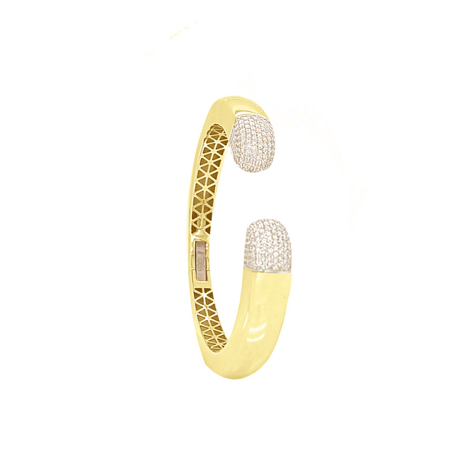 9k YG Hinged Cuff Bangle with Diamond Ends, 268D = 1.3ct, SI1 G. 59x51mm