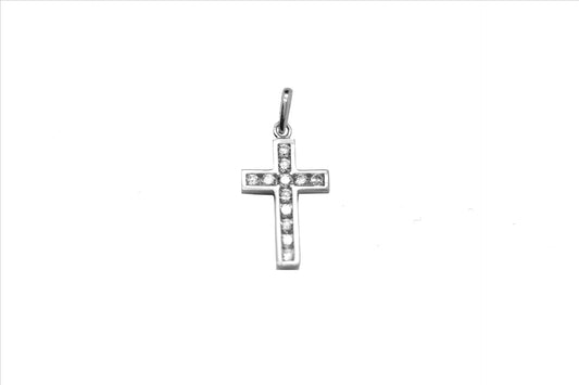 18k WG Solid CZ Channel Set Cross Pendant with 12 CZ's (1.8mm CZ stones) 15x11mm.