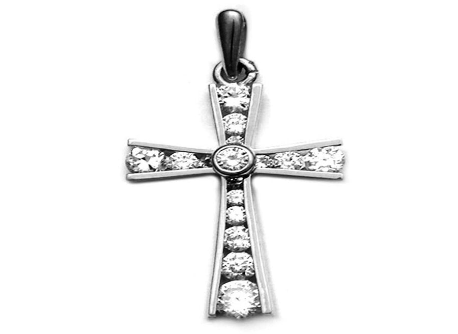 9k WG Solid CZ Channel Set Flared Cross Pendant with 16 CZ's including 1 Bezel Set centre stone 25mm x 15mm