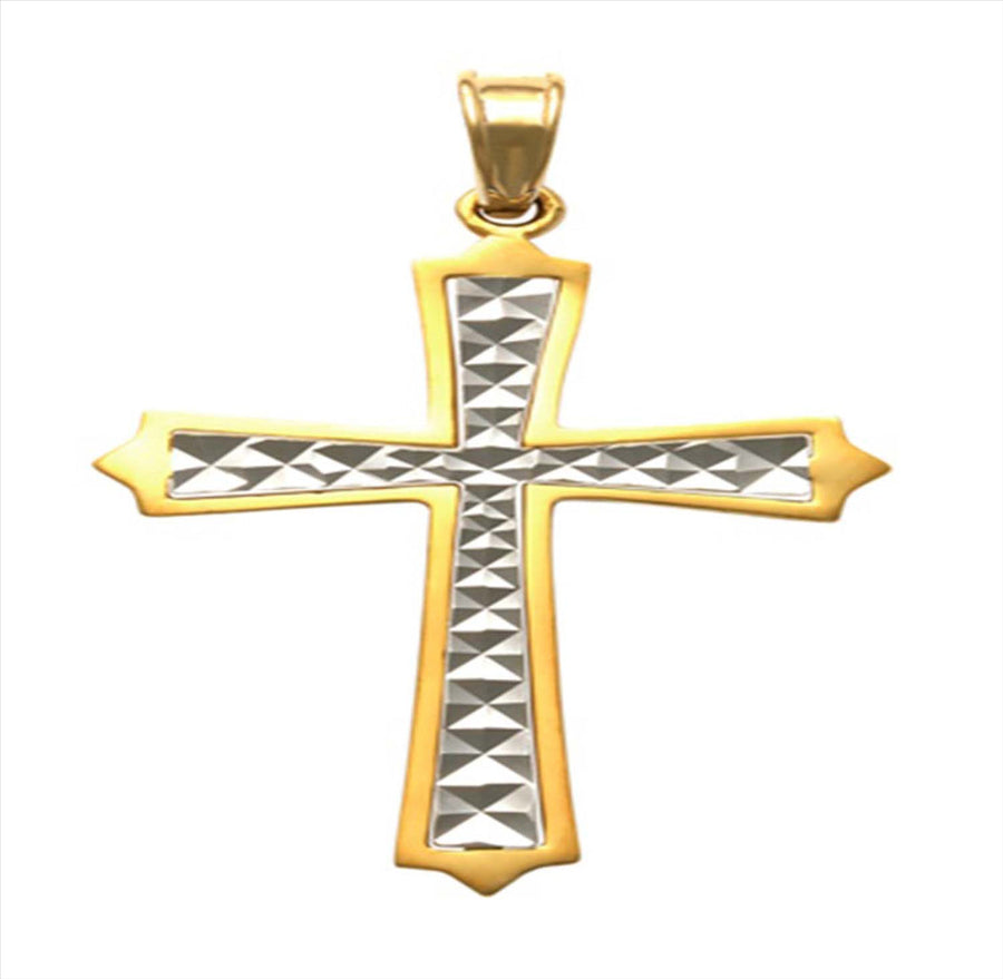 9k 2T Solid YG Plain edged Pointed Cross Pendant with WG Diamond Cut centre 20mm x 15mm