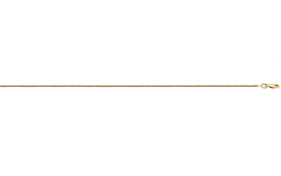 9k YG Round Box Chain 1.15mm wide 42cm. This is an evening piece not suitable for everyday wear. To prevent damage, chain should be stored flat in a protective box. Approx. 3.59g