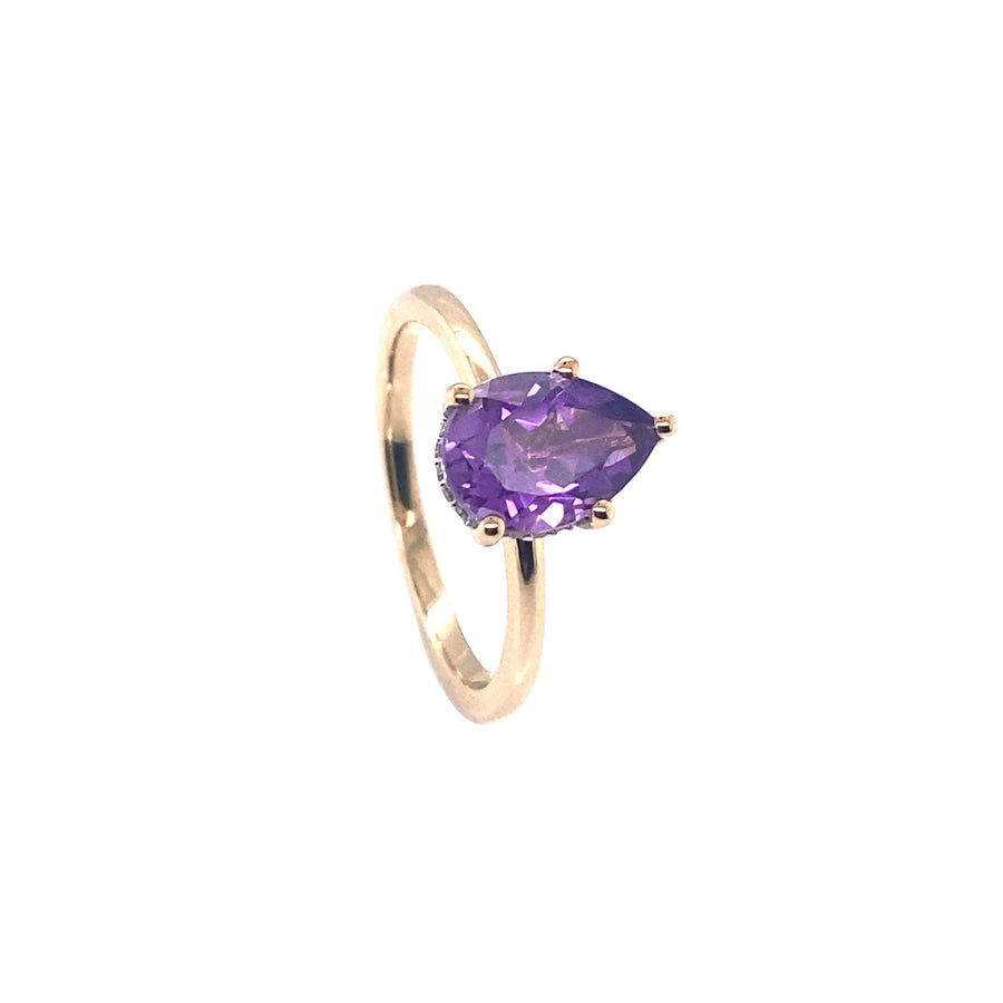 "Stephanie-Maree" 9k Yellow Gold Amethyst Ring, Pear Shape 10.3x 7.1mm =1.8ct. Set with 17D=0.06ct  on under bezel of setting. Size P