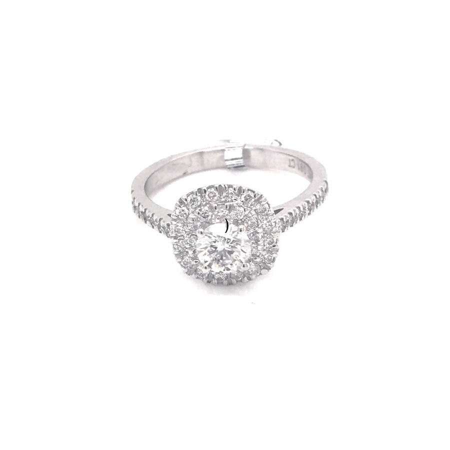 18k WG Brilliant Cut Diamond surrounded with diamonds Engagement Ring...1 x Brilliant cut Diamond = 0.45ct with GIA Certificate no 6281868455. G SI2 surrounded with 42 brilliant cut diamonds = 0.36ct..Size M