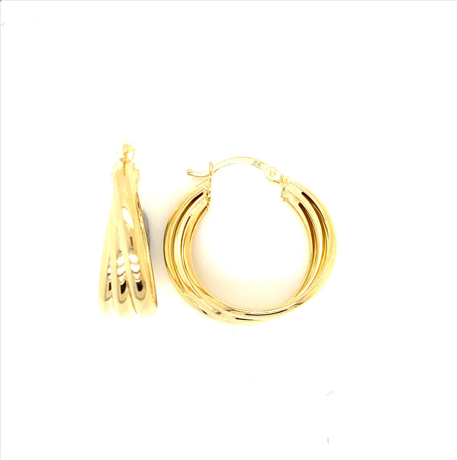 9k YG Triple Round Hoop Earrings 20mm Diameter. Half Round Tubes 3mm Wide