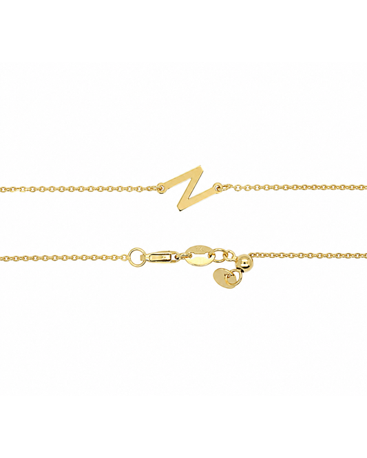 9k YG Diamond Cut Trace Chain 1.1mm Wide with Letter N (6x5mm) 45cm with Adjustable Finding