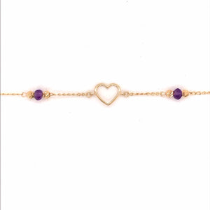 YG Oval Link Bracelet 1mm wide with Heart and Amethysts