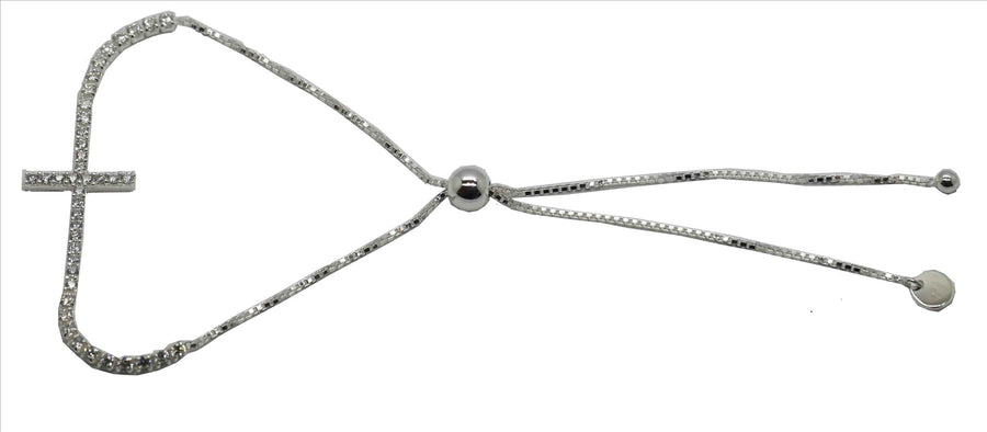 925 Adjustable Box Link  Bracelet with Cross Pendant set with CZ