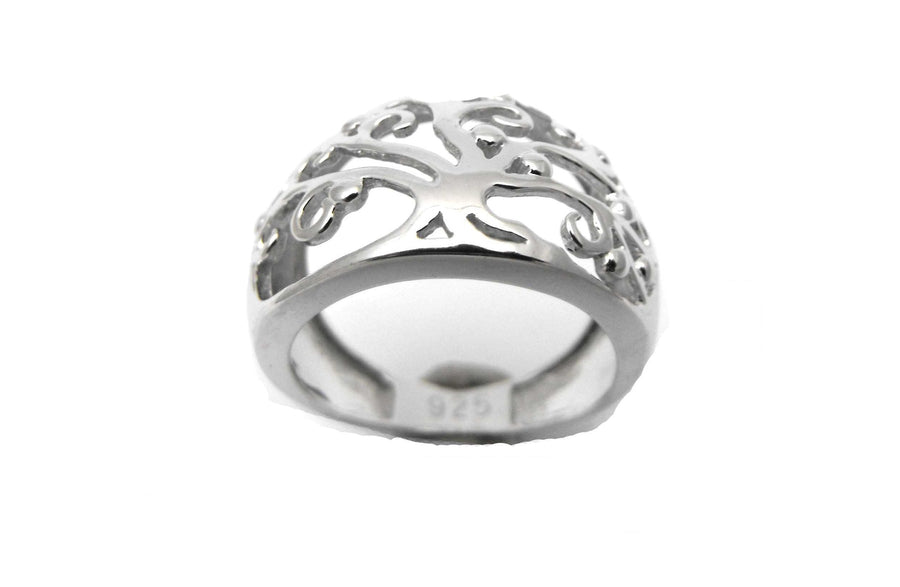 925 Tree of Life Ring. Flat 16mm wide. Size R.