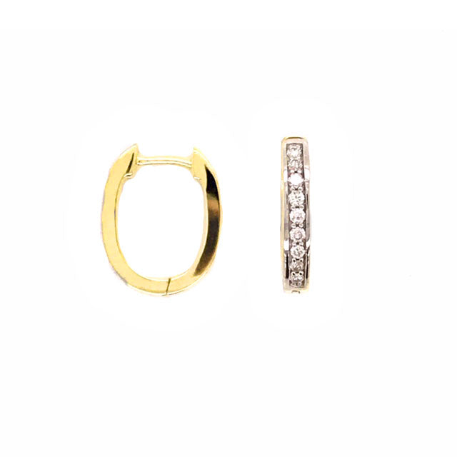 9k YG Diamond Oval Huggie Earrings 11x8mm Diameter. Grain set with 18D=0.18ct 2.5mm Wide