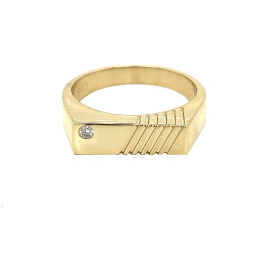 9k YG Polished Signet Ring with Diagonal Engraving, 1D=0.05ct. Size R
