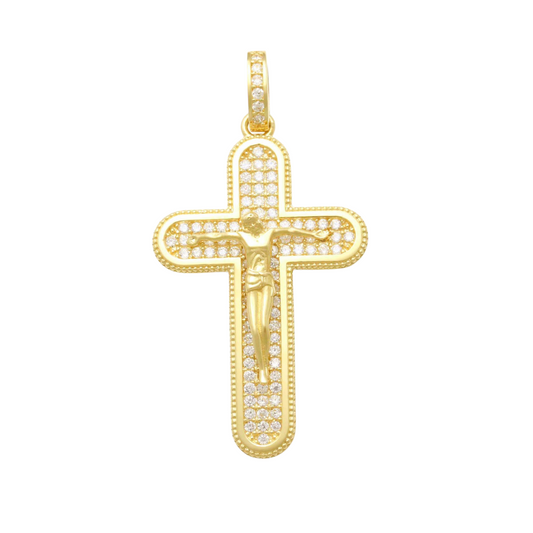 9k YG Solid CZ Rounded Edge Crucifixion Pendant 27mm x 18mm