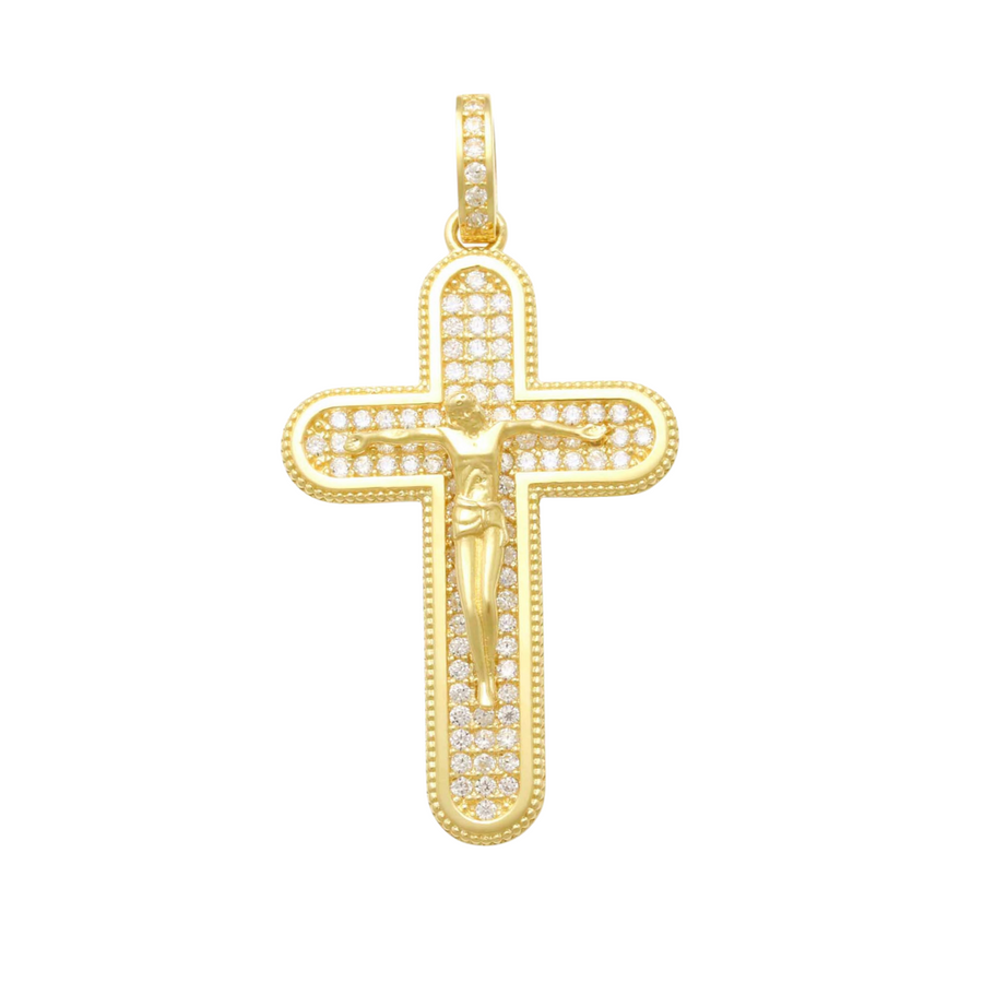 9k YG Solid CZ Rounded Edge Crucifixion Pendant 27mm x 18mm