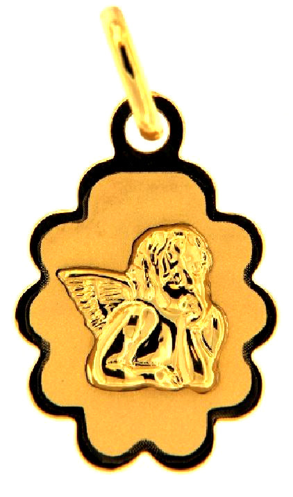 18k YG Italian Solid Cloud Medallion Pendant with Angel 14x12mm