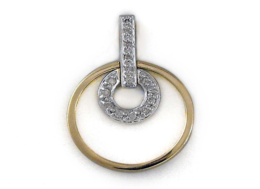 9k YG Diamond Double Circle Pendant 15D=0.09ct Grain Set . Meas. 15.5mm